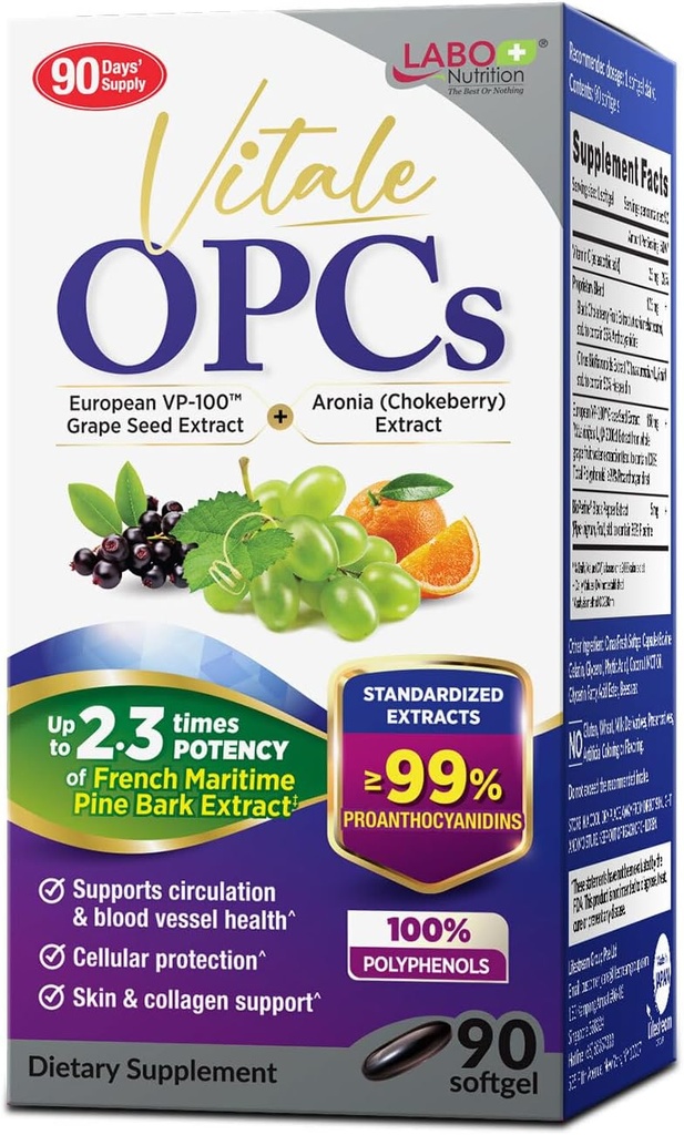 Laboo Nutrition Vitale OPCs ttesmå 124; Premium European Grape Seed Extract med Aronia, Citrus Bioflavonoids ttesmå 124; Understøtter cirkulering, hud sundhed og cellebeskyttelse; 100% polyphenoler 90 Softgels