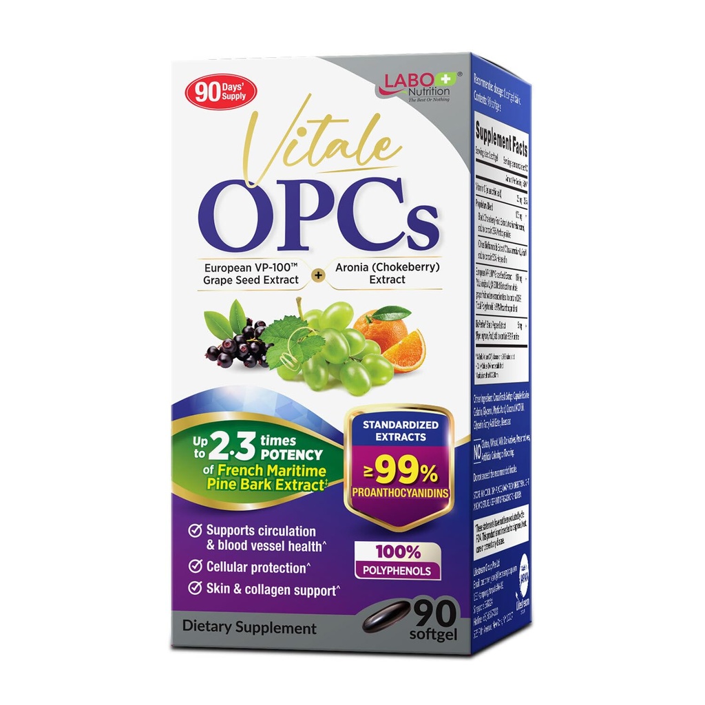 Laboo Nutrition Vitale OPCs ttesmå 124; Premium European Grape Seed Extract med Aronia, Citrus Bioflavonoids ttesmå 124; Understøtter cirkulering, hud sundhed og cellebeskyttelse; 100% polyphenoler 90 Softgels