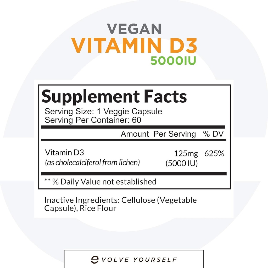 Vegansk vitamin D3 5000 IE tillæg - ren, høj potens D3 vitamin 5000 IE kosttilskud til immunforsvar & stærk Bones Support - 120 kapsler, giver en 2- måneders forsyning af VIT D3
