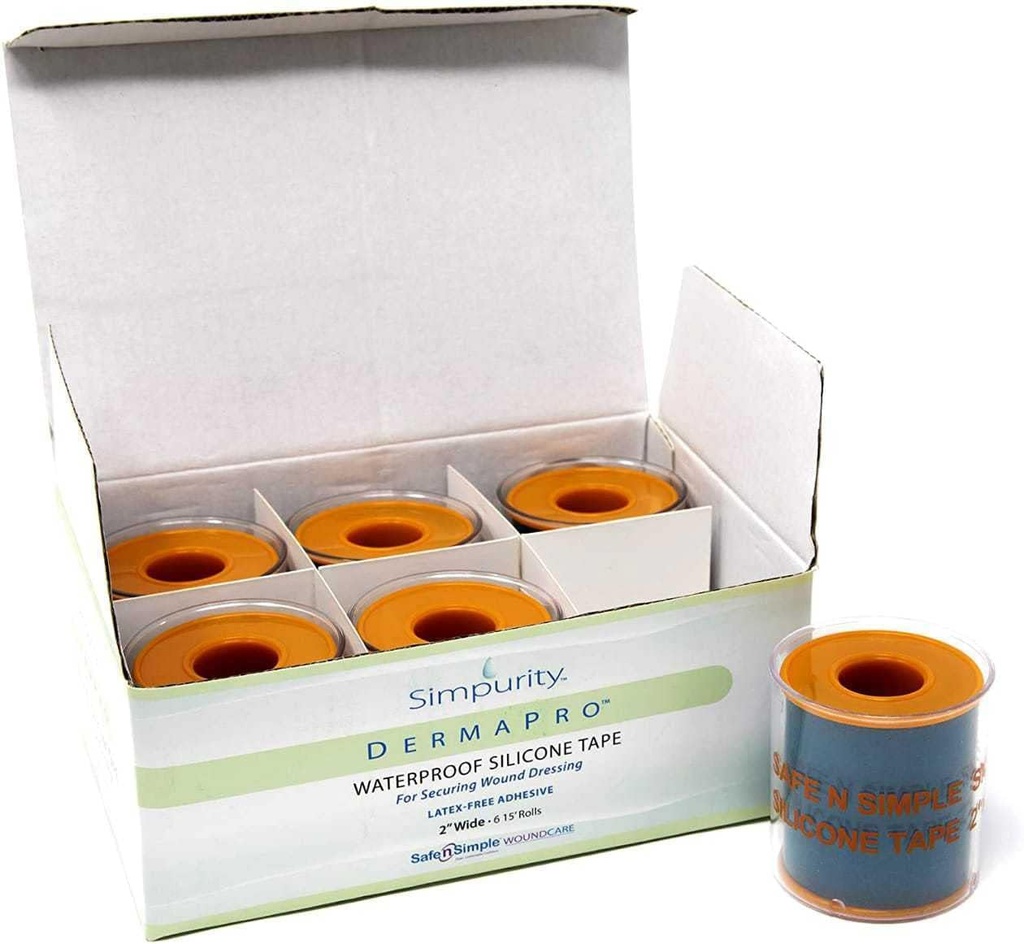 Simmunity DermaPro Silicone Tape Vandtæt -2 "x15 'Individuel pakke med 6- Latex Gratis Tape Medicinsk til sikring af såret Klædning - Silicone Show Healing Tape til sensitiv hud Vandtæt