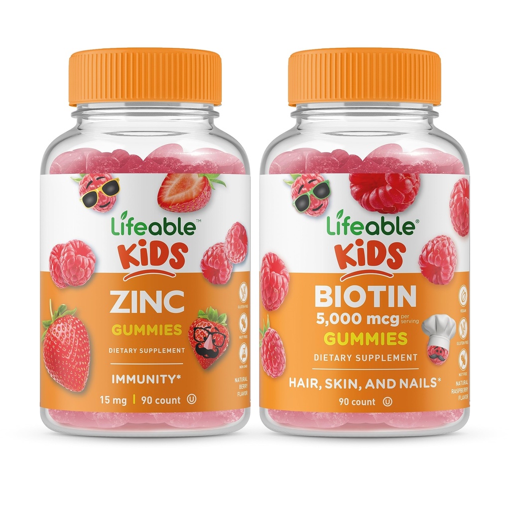 Leveable Zink Kids + Biotin Kids, Gummies Bundle - Great Tasting, Vitamin Supplement, Gluten Free, GMO Free, Chewable Gummy