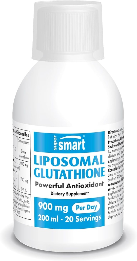 Supersmart - Liposomal Glutathione Flydende 900mg per dag (høj potens) - Højt biotilgængelig form af Glutathion - Forbedret antioxidant med C-vitamin 124; Non- GMO & Gluten Free - 200ml - 20 Servere