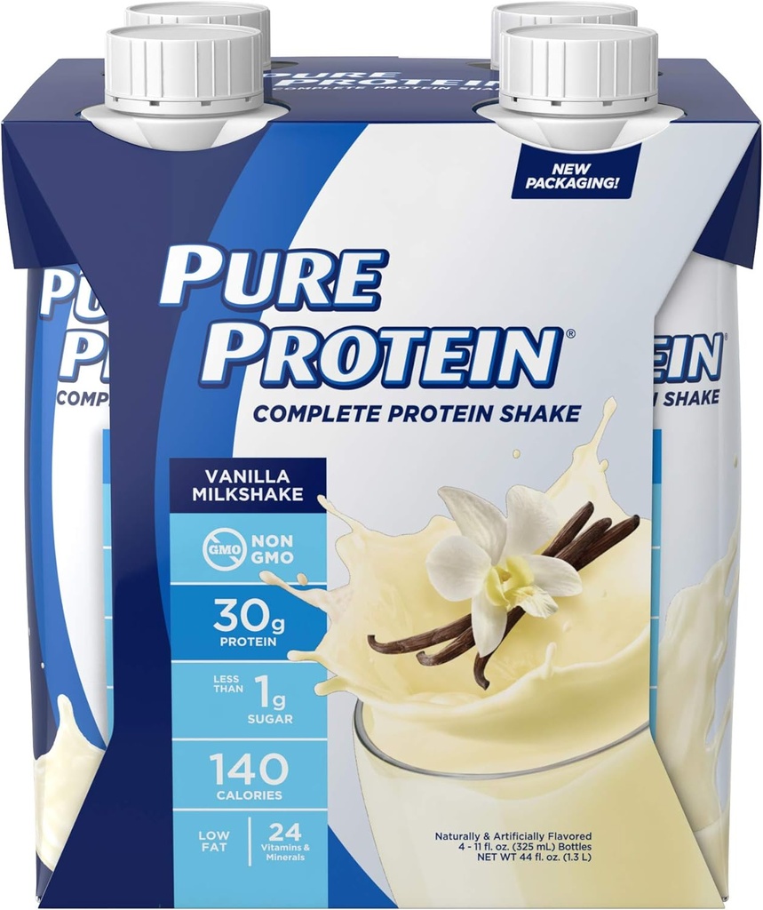Pure Protein Vanilla Protein Shake 124; 30g Complete Protein • 124; Klar til at drikke og Keto-venligt • 124; Vitamin A, C, D, og E plus zink til støtte immunforsvar • 124; 11oz flasker • 124; 4 pakke
