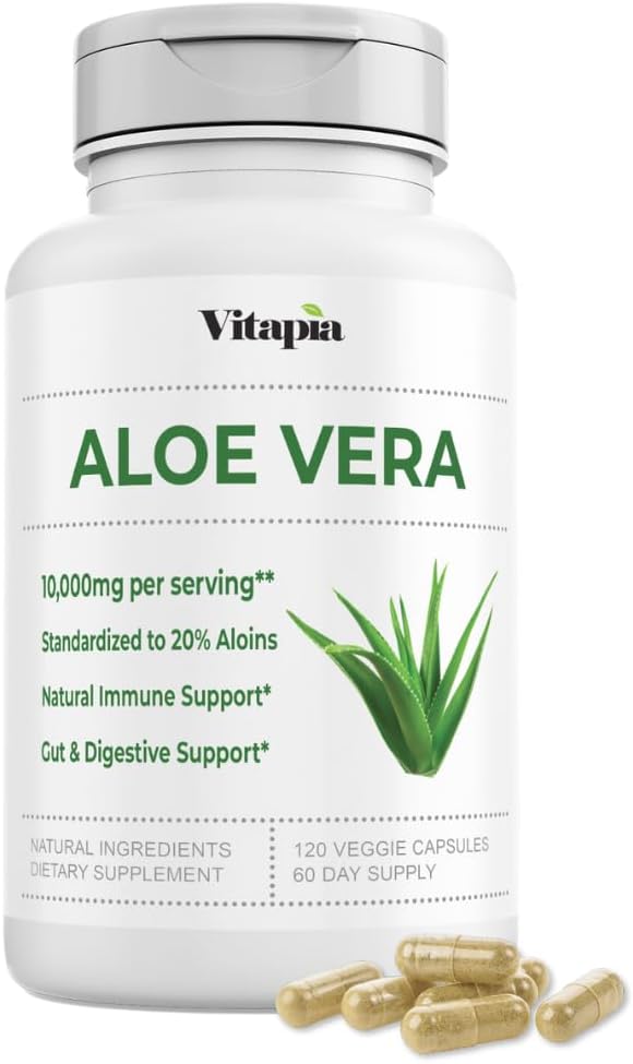Organic Aloe Vera Capsules 20% Aloins Supplement - Pure Inner Leaf Gel Koncentrat - fordøjelig, Gut Sundhed, hud, immunforsvar - 120 Tæl - Non-GMO, Gluten- fri, Vegan