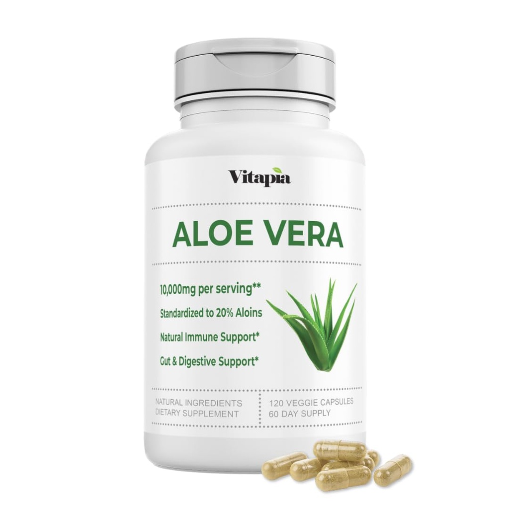Organic Aloe Vera Capsules 20% Aloins Supplement - Pure Inner Leaf Gel Koncentrat - fordøjelig, Gut Sundhed, hud, immunforsvar - 120 Tæl - Non-GMO, Gluten- fri, Vegan