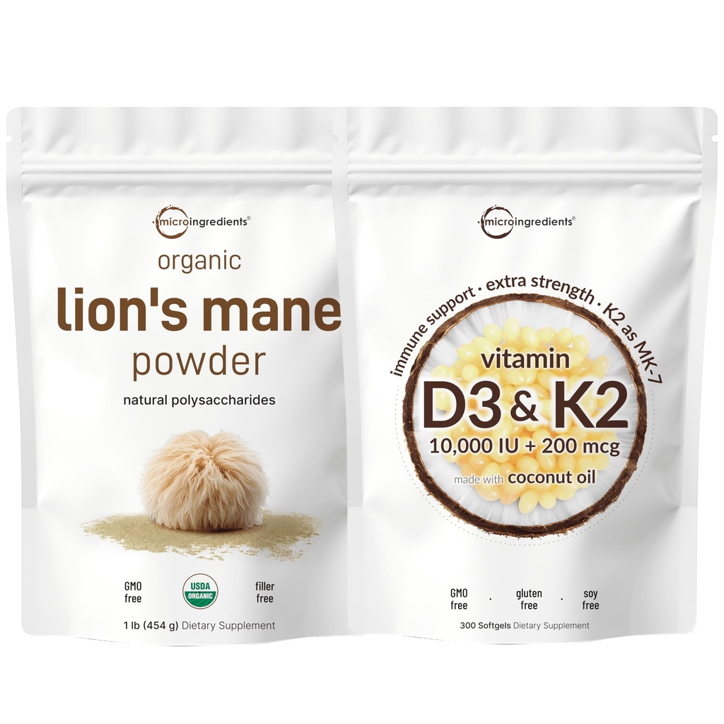 Micro Ingredients Vitamin D3 10,000iu + K2 200mcg Coconut Oil Softgels & Lions Mane Mushroom Supplement Powder Bundle 2 Pack 124; Essential Sunshine Vitmatics