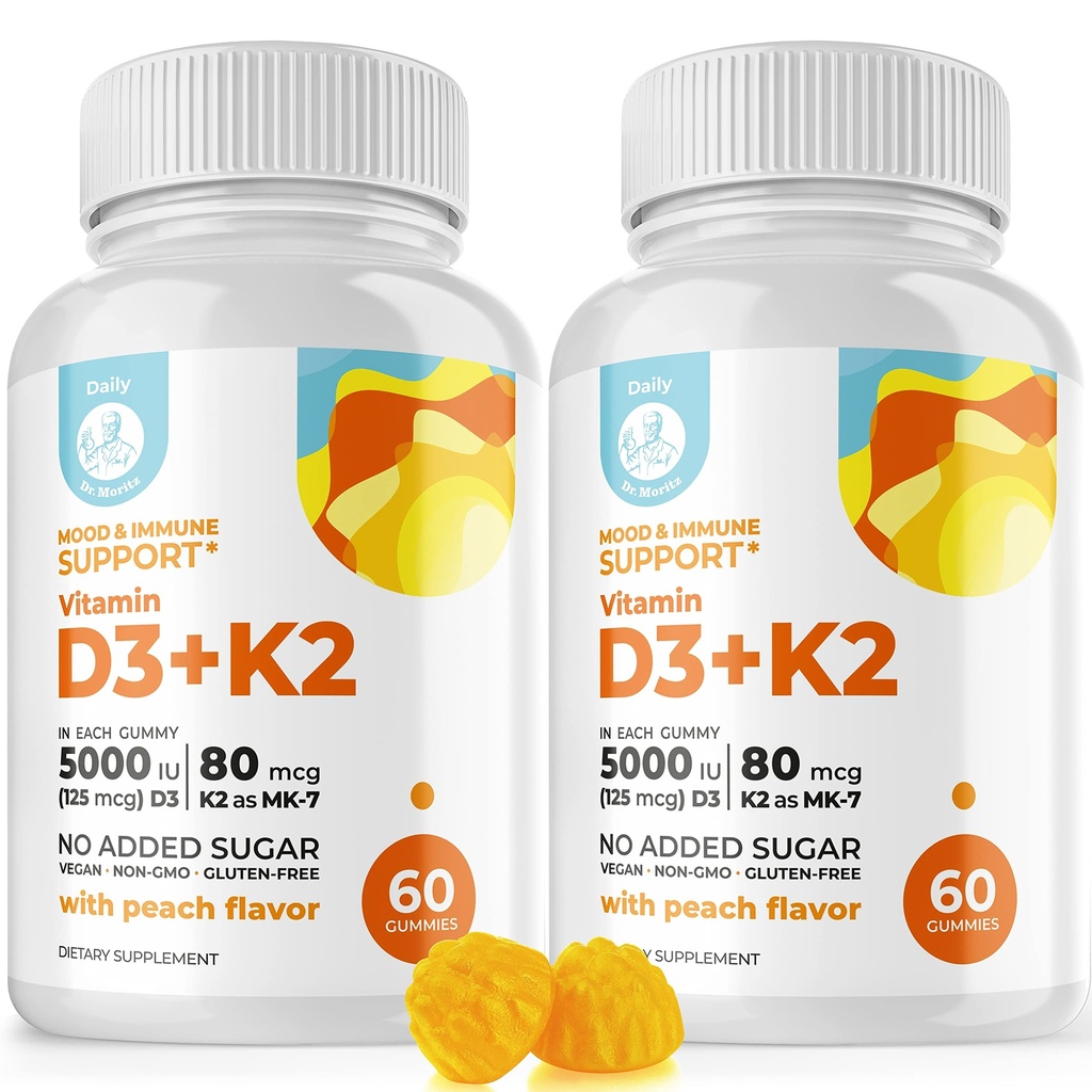 DR. MORITZ D3- vitamin Gummies (5000 IE) med K2 - for voksne og børn - D3- vitamin K2 Gummies for immunsupport & benesundhed - Vegan, Sugar Free, Gluten Free (120 Tæl)