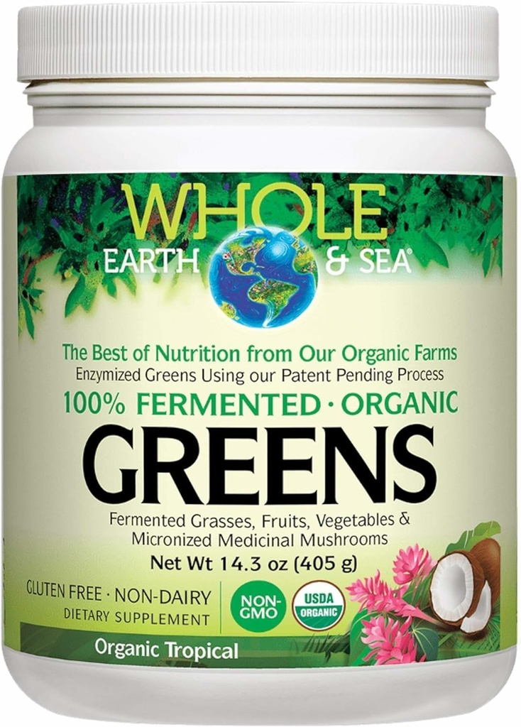 Hele jorden og havet fra naturlige faktorer, Organic Fermented Green, Vegansk hel kosttilskud, Tropisk, 14.3 Oz