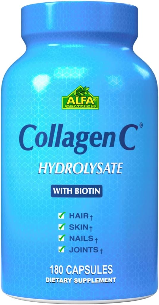 CollagenC - Collagen Hydrolysat Kapsler med biotin af Alfa Vitamin - Anti- Aging Nutritional Supplement for hud, negle & hår foryngelse - Understøtter Bone & Muscle - Made in USA - 180 Kapsler