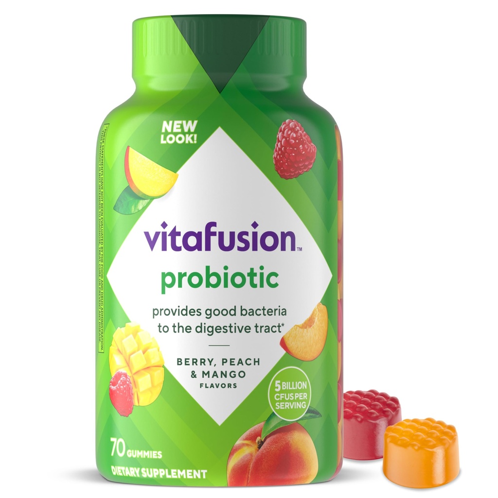 Vitafusion Probiotiske Gummy Kosttilskud, Hindbær, Peach og Mango Flavors, Probiotiske Nutritional Kosttilskud med 5 Millioner CFU 'er, 35 Day Supply, 70 Greve