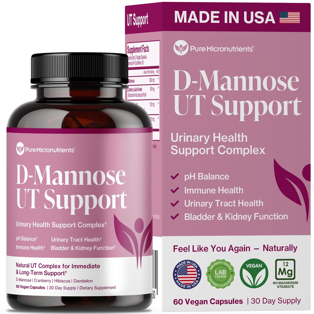 Pure D Mannose Capsules 1000mg Per Serve - Hurtig fungerende UTI support - Urinary Tract Cleanse & Bstige Sundhed - Tranebær, D- Mannose, Mælkebøtte, Hibiscus Flower - 60 Veggie Caps