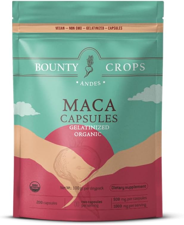 Organic Maca Powder Capsules- 1000 mg per servering, Gelatinized, Non- GMO, 200 Vegan kapsler, sort, rød, og gul peruvian Maca, Energi og Vitality Support.