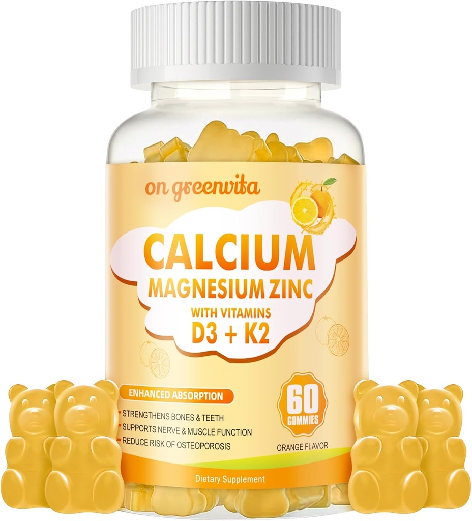 Calcium Magnesium Zinkgummier med vitamin D3 & K2 - høj potens Forbedret Absorption -60 Orange gummies Flavored