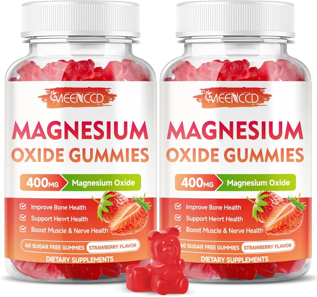 2 Pack Magnesium Oxide Gummies 400mg, Chewable Magnesium Oxide Supplement for voksne & børn, Nerve & Muscle Support, Non-GMO, Sugar- Free, Strawberry Flavor, 120 Greve