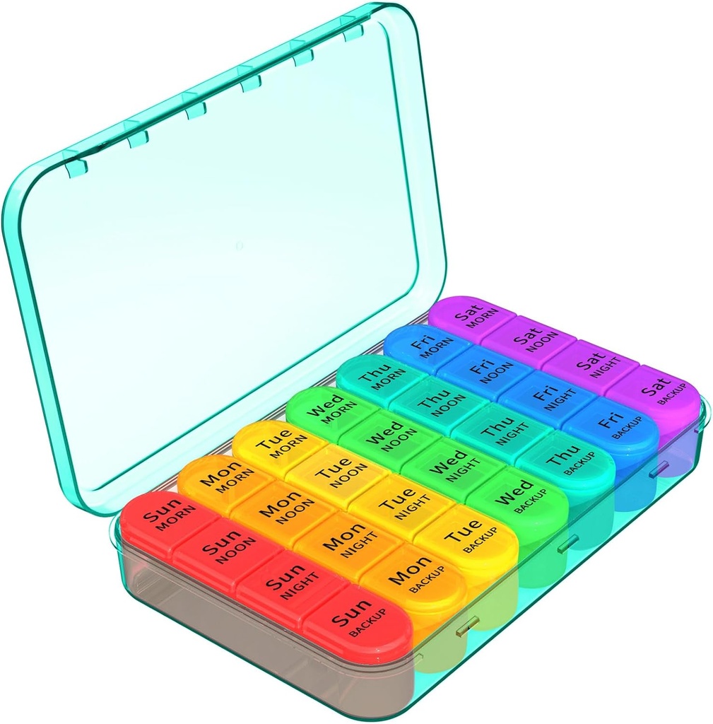 Daviky Pill Organizer 4 gange om dagen, Ugentlig Pill Box Travel Pill Case, Daily Medicine Organizer 7 dag, Stor Pill Container Holder til at holde vitaminer, piller, kosttilskud (Cyan)