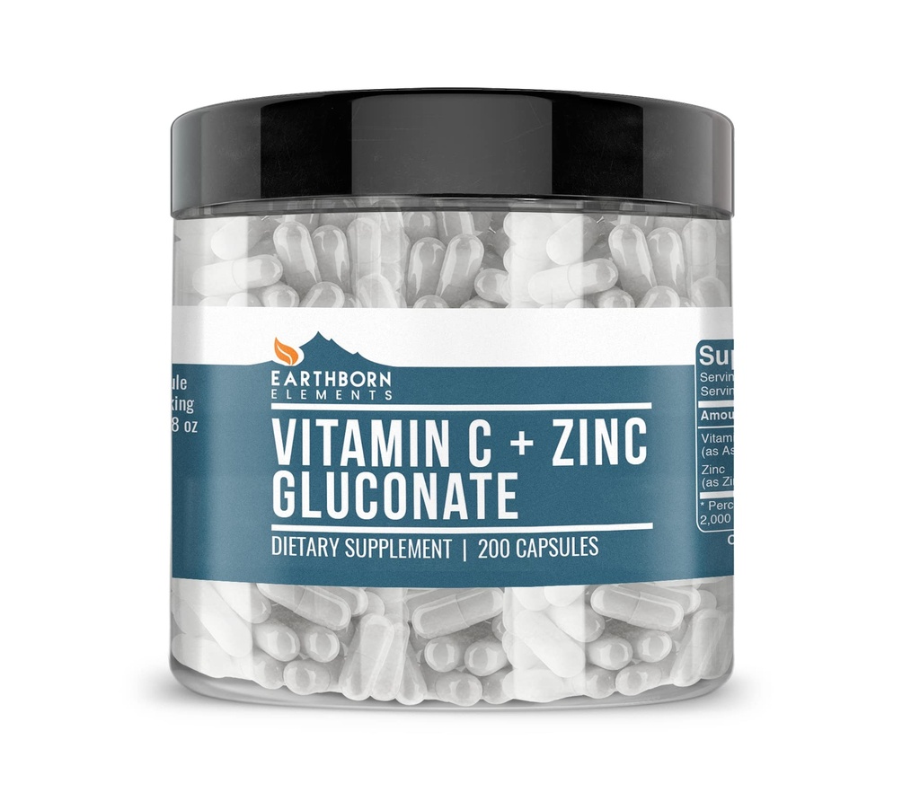 Earthborn Elements Vitamin C Plus Zink Gluconate Supplement, (200 kapsler) Blended Health Support, Non-GMO, Gluten Free,