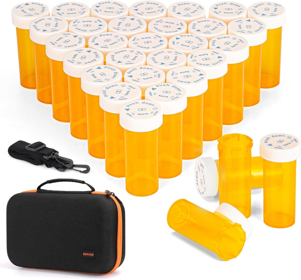 32 PCS Tomme pilleflasker med bæretaske til receptpligtig medicin, 8DR plast receptpligtig flaske med børnebevis Caps, Push Down and Turn, receptpligtig hætteglas, medicinbeholder