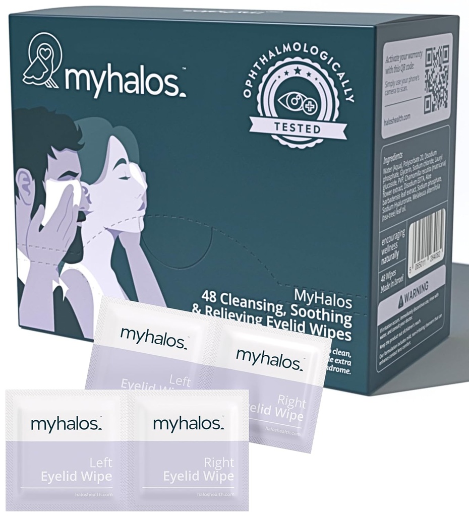 MyHalos ® 48 Hydrating Eyelid Wipes for Tør Øje Relief - Fugtgivende & beroligende Eye Wipes med Tea Tree - Hjælper med Blepharitis & Computer Vision Syndrome, Blepharitis Treatment for Eyelids, Cleanser