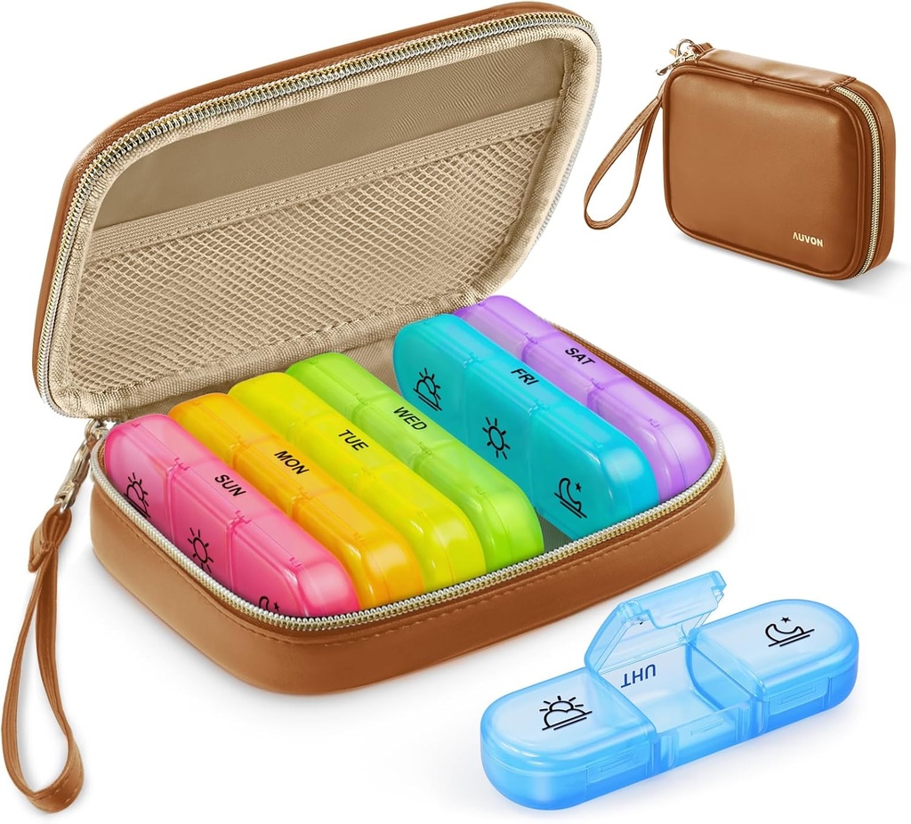 AUVON Weekly Pill Organizer 3 gange om dagen, Stor Pill Box 7 dag med en PU læderpose, Protabel Travel Pill sag Medicin Reminder, Daily Pill Box 3 gange om dagen for vitaminer, fiskeolier, kosttilskud