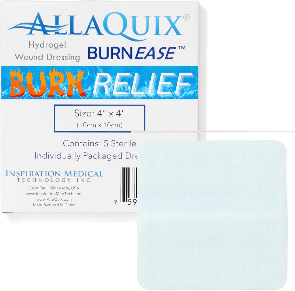BurnEase ™ Hydrogel Burn Dressing Pads by AllaQuix - XL 4 "Steril Pads (Box af 5) - 124; Instant Cooling Relief for Burns, Scalds, Sunburn - 124; Fugtig Wown Healing Gel til førstehjælp & akut brandpleje