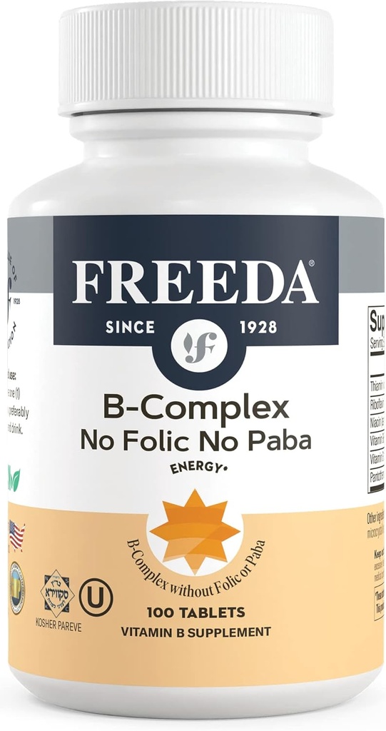 Freeda Vitamin B Complex Ingen folinsyre Ingen PABA - Super B Complex Kosher Vitamin Supplement med vitamin B1 Vitamin B2 vitamin B3 Vitamin B5 Vitamin B6 Vitamin B12 - Vit B Complex B for kvinder og mænd (100 Ct)