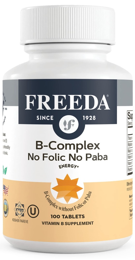 Freeda Vitamin B Complex Ingen folinsyre Ingen PABA - Super B Complex Kosher Vitamin Supplement med vitamin B1 Vitamin B2 vitamin B3 Vitamin B5 Vitamin B6 Vitamin B12 - Vit B Complex B for kvinder og mænd (100 Ct)