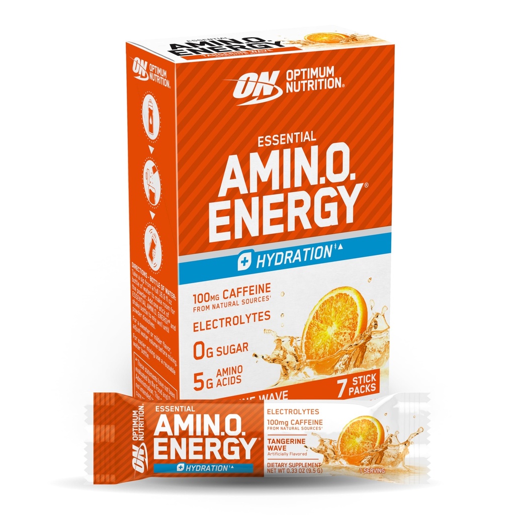 Optimum Nutrition Essential Amino Energy Plus Electrolytes Stick Packs, Energy Powder, Tangerine Wave, 7 Greve