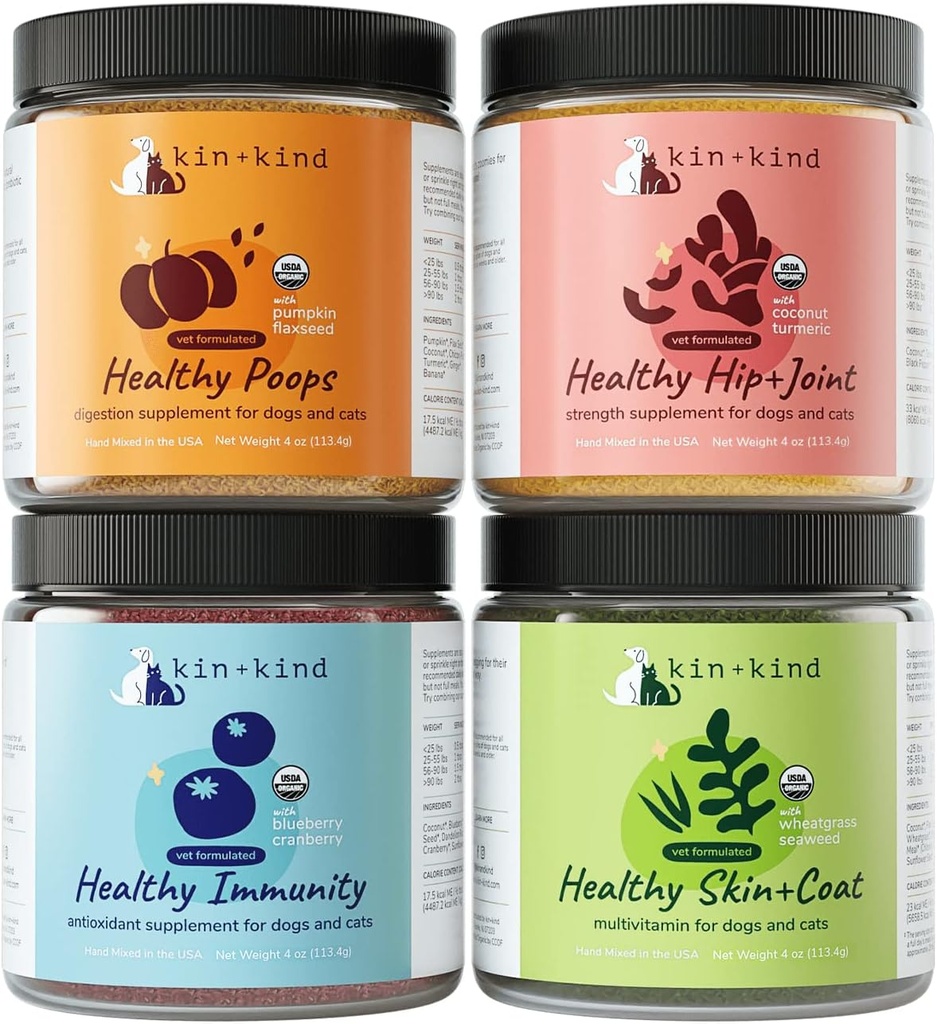 kin + kind Superfood supplement sæt til hunde & katte - Boost Immunitet, fremmer sund hud & Coat, Hip & fælles, sund fordøjelse - Lavet i USA - Superset (4 x 4 oz)