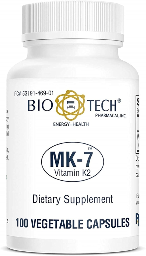 Bio-Tech Pharmacal MK-7 (Vitamin K2), 100 Vegetable Capsules – All-Natural Supplement – Supports Cardiovascular & Bone Health – No Dairy, Fish, Gluten, Peanut, Shellfish, GMOs, Kosher, Halal, & Soy –