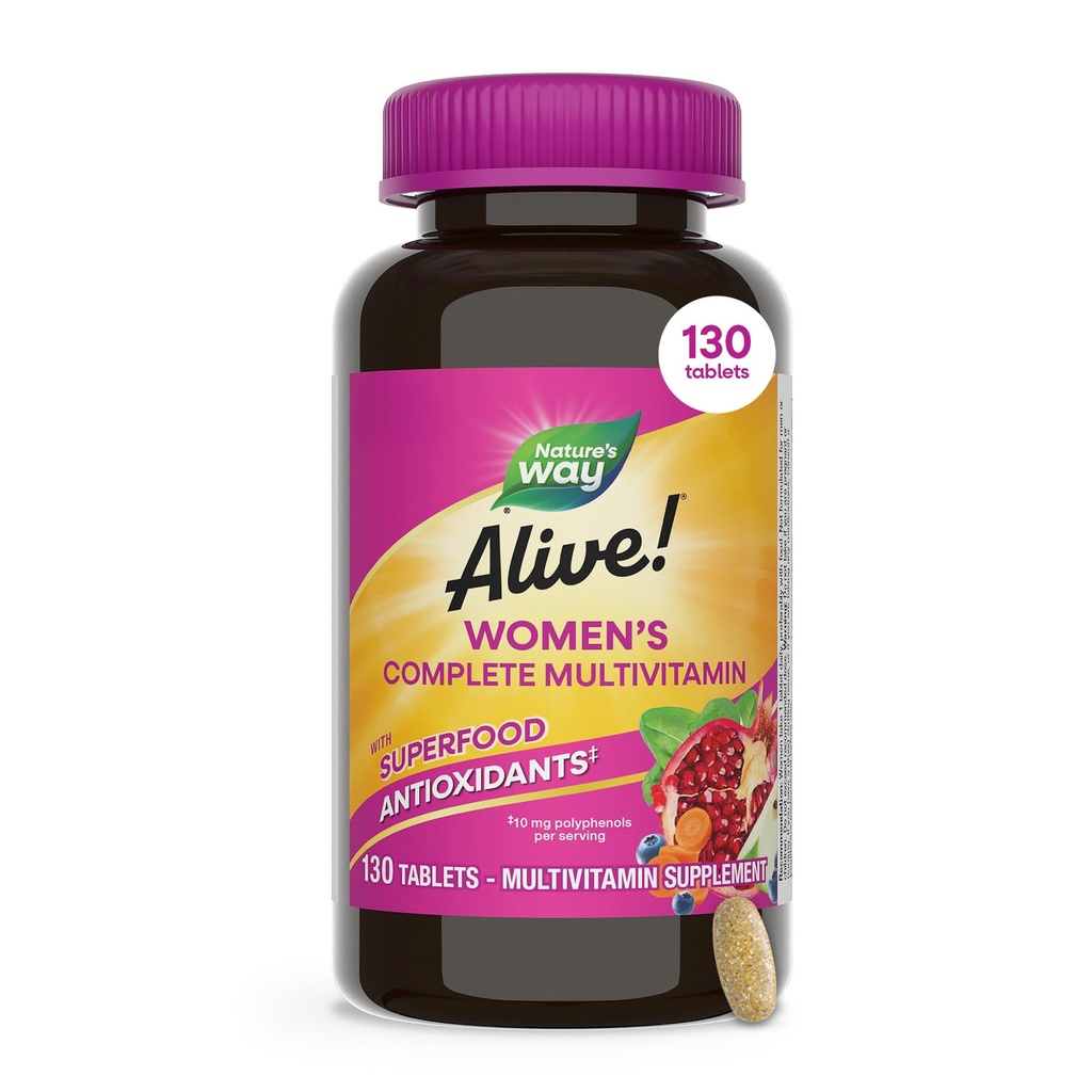 Nature's Way Alive! Complete Multivitamin for Women, Daily Women’s Vitamin Supports Cellular Energy Metabolism, Hair, Skin & Nails*, B-Vitamins, with Superfood Antioxidants, 130 Tablets