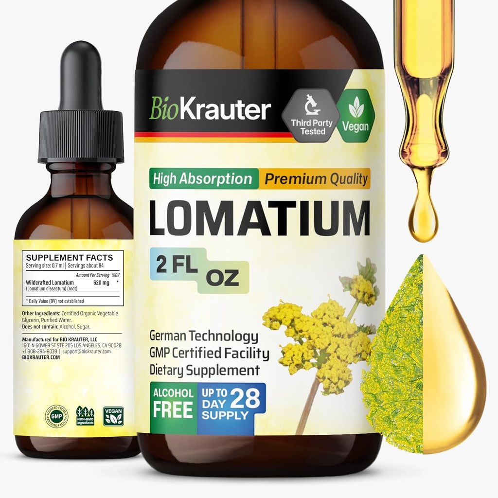BIO KRAUTER Lomatium Root Tincture - Vegan Respiratory Support Supplement - Lomatium Dissectum Liquid Extract - Alcohol & Sugar Free - 2 Fl.Oz.