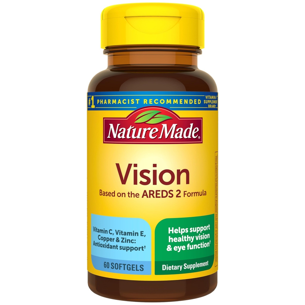 Naturen Lavet Vision Baseret på AREDS 2 Formel, Eye Vitamin med Lutein & Zeaxanthin, C-vitamin, E-vitamin, Zink og kobber til sund Vision og Eye Function Support, 60 Softgel, 30 dages forsyning