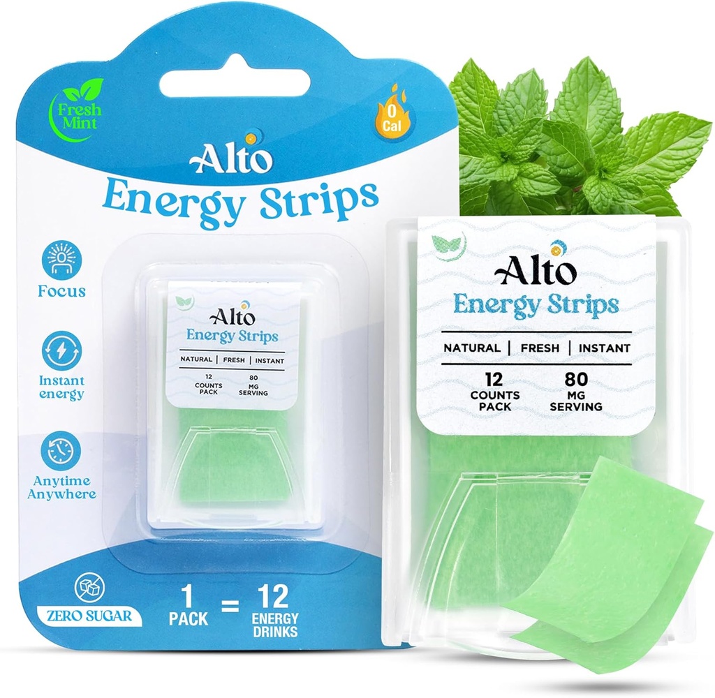 Alto Energy Strips med 80 mg naturlig koffein per servering - 10X Hurtigere Absorption 124; 12 Delicionly Minty Strips Downloader 12 Energy Drikkevarer 124; Energi og Focus Boost Anytime, Anywhere - 1 Pack