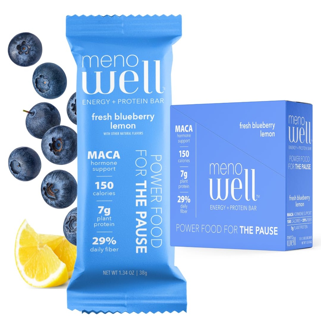 MenoWell Menopause Protein Barer til kvinder, Vægt Management Support, Friske blåbær Lemon, 25% Daglig Fiber, Plant- baseret, 7g Protein, 1g Tilføjet sukker, 10 Greve (Pack of 1)