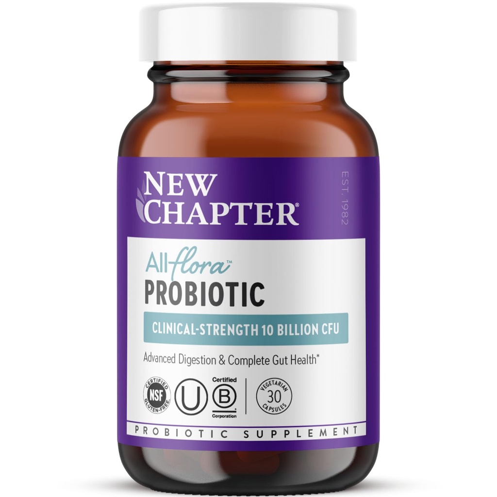 Nyt kapitel Probiotika All- Flora - 30 ct (1 måned Tilgang) for avanceret fordøjelse & komplet Gut sundhed med Prebiotika + Postbiotika, Klinisk Studerede Strops, 100% Vegan, Non- GMO, Hylde Stable