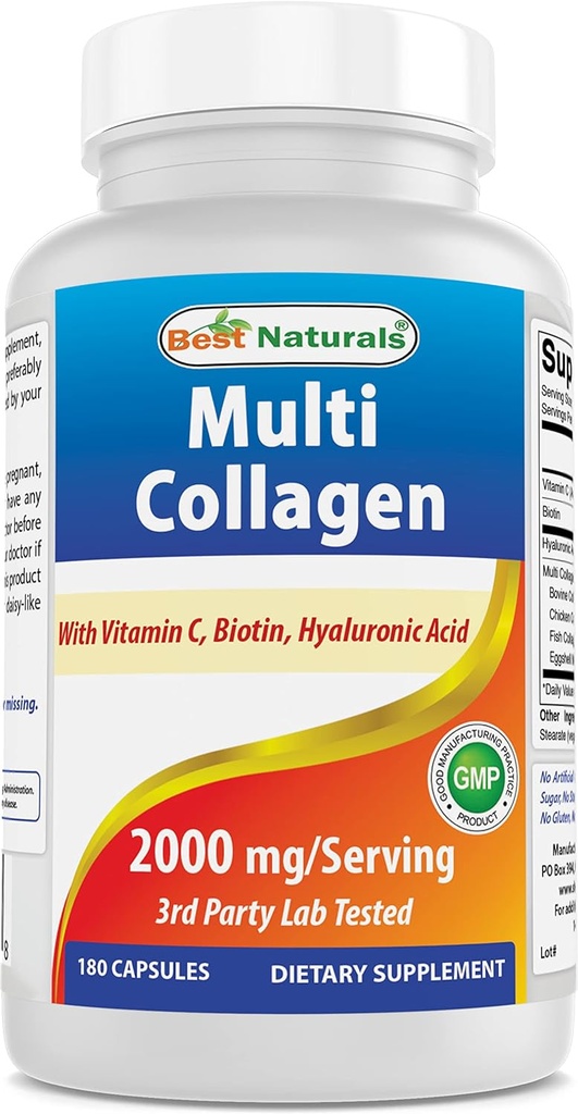 Bedste Naturals Multi Collagen piller 2000mg til kvinder & mænd - Hydrolyzed Collagen Peptider kapsler til hår hud og negle med type I II III V X, biotin, Hyaluronsyre & C-vitamin