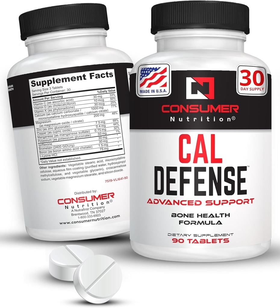 Knoglebuilder supplement - Cal Defense Knoglestyrke Calciumtilskud til kvinder & mænd - Med Calcium med D-vitamin, C, K, Magnesium, Bromelain, & Ipriflavone for stærkere Bones 90 Calciumtabletter