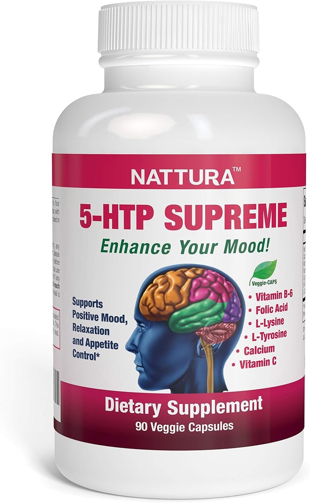 Nattura 5-HTP Supreme - for positive mood, relaxation og appetite Control - med 5-HTP, L-Tyrosin, L-Lysin, vitamin B6, folat (folinsyre), C-vitamin (ascorbinsyre), Calcium - 90 kapsler