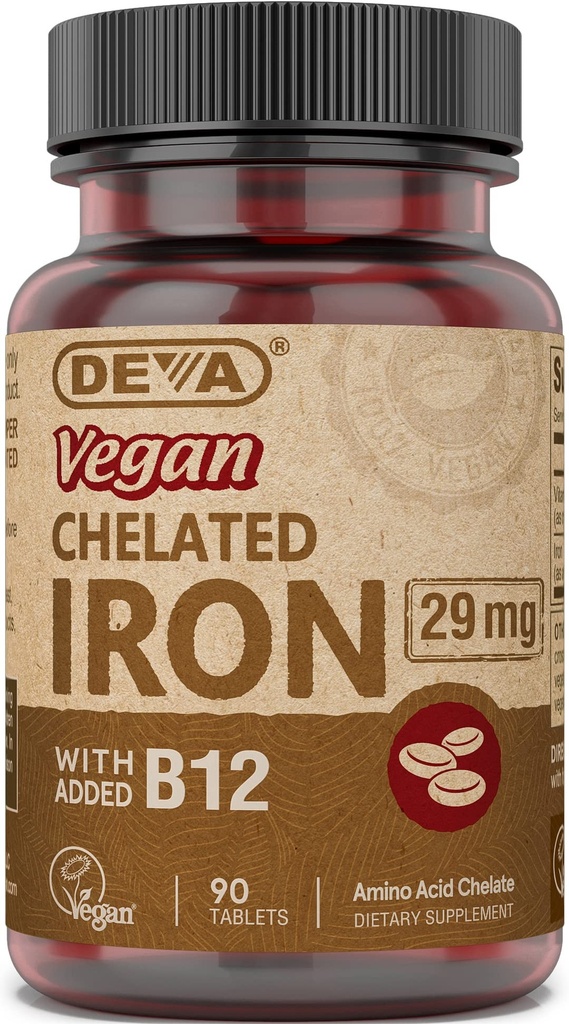 Deva Nutrition Vegan Chelated Iron 29 mg Forgyldt med B- 12 - Høj potens, Let at synke - 90 tabletter, 1- Pack