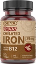 Deva Nutrition Vegan Chelated Iron 29 mg Forgyldt med B- 12 - Høj potens, Let at synke - 90 tabletter, 1- Pack