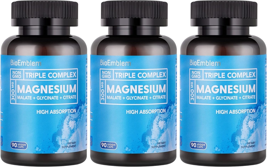 Bioemblem høj Absorption Triple Magnesium Complex 300mg * 124; Magnesium Glycinat for nerver, Malat for energi, Support Muscle Health * 124; Vegan, Non- GMO 270 Kapsler