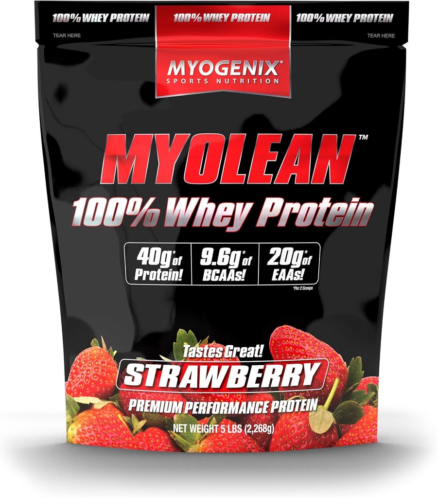 Myogenix Myolean - 100% Whey Protein Powder - 40g Protein per servering - Lav Carb - Ideel til smoothies, Meal udskiftning Shakes, Pre Workout & Post Workout Shakes - Jordbær (5lbs)