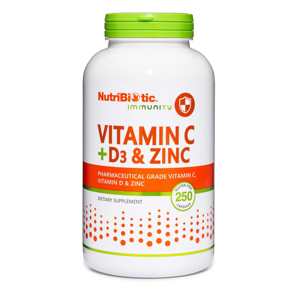 NutriBiotic - C-vitamin + vitamin D3 & Zink, 250 Kapsler; 124; Potent, Omfattende immunsupport124; Essential & Antioxidant Daily Supplement- 124; Gluten & GMO Free
