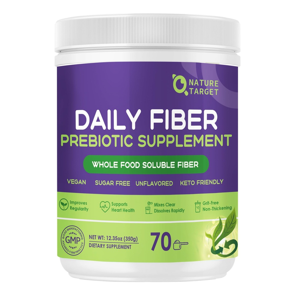 NATUR TARGET Daily Fiber Supplement - Opløselige Prebiotic Fiber Powder for Gut Health, Whole Food High Fiber for fordøjelse og regelmæssighed, Unflavored, Gluten & Sugar Free, Keto - 70 Serveringer