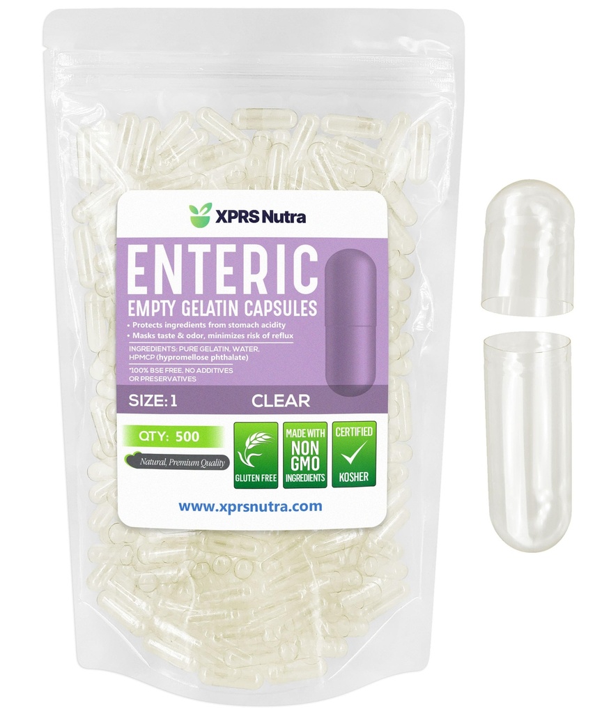 XPRS Nutra Størrelse 1 Tomme kapsler - 500 Grev klar Enteric Coated Tomme Gelatine Kapsler - Forsinkede Udgivelsespiller - Du Capsule Fyldning - Pure Bovin Tomme Enteric Gel Caps
