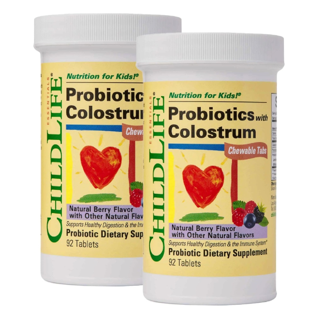 Børnelæge Børnelæge Børnelæge med Colostrum - Probiotika til børn, Probiotika til fordøjelse, Chewables, Børnelæge, Colostrum til børn - Natural Berry, 92 tabletter (Pakke af 2)