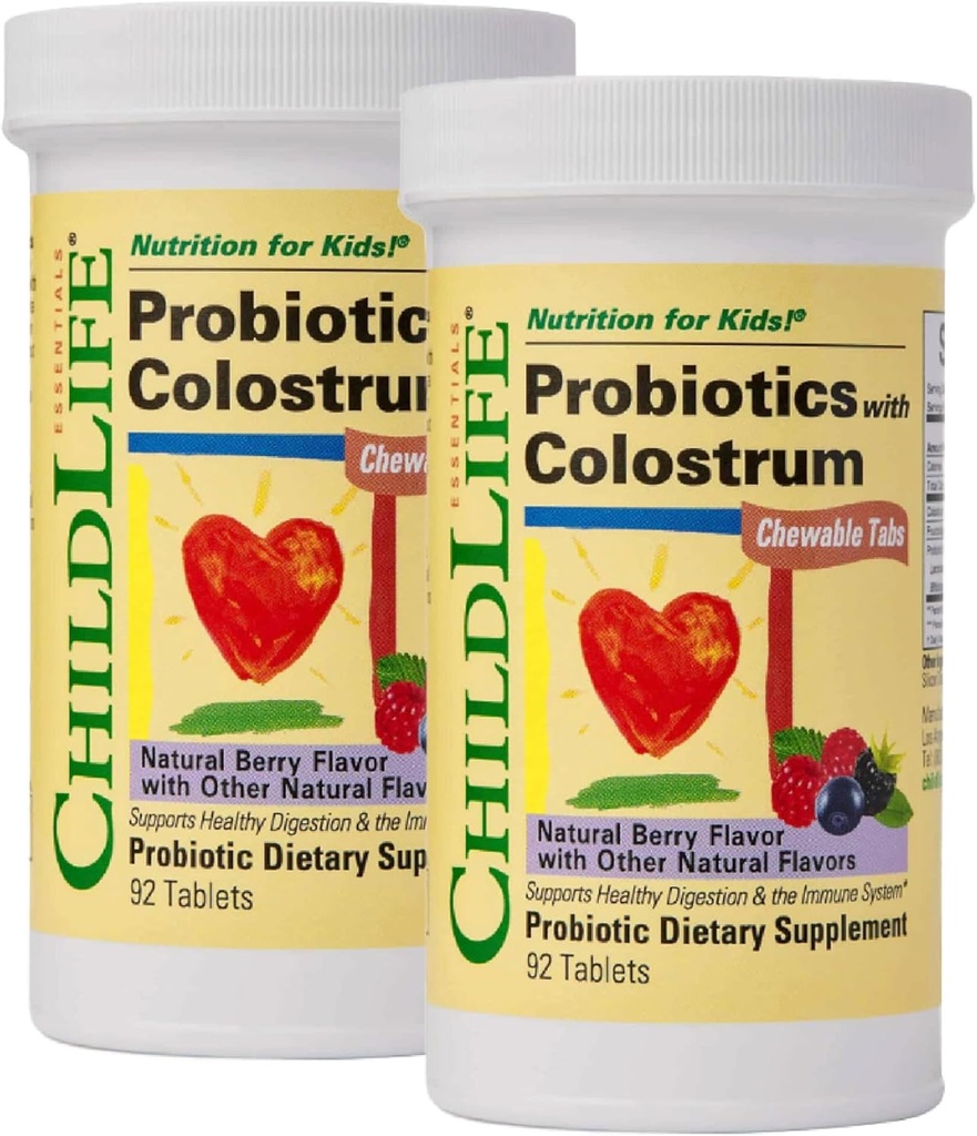 Børnelæge Børnelæge Børnelæge med Colostrum - Probiotika til børn, Probiotika til fordøjelse, Chewables, Børnelæge, Colostrum til børn - Natural Berry, 92 tabletter (Pakke af 2)