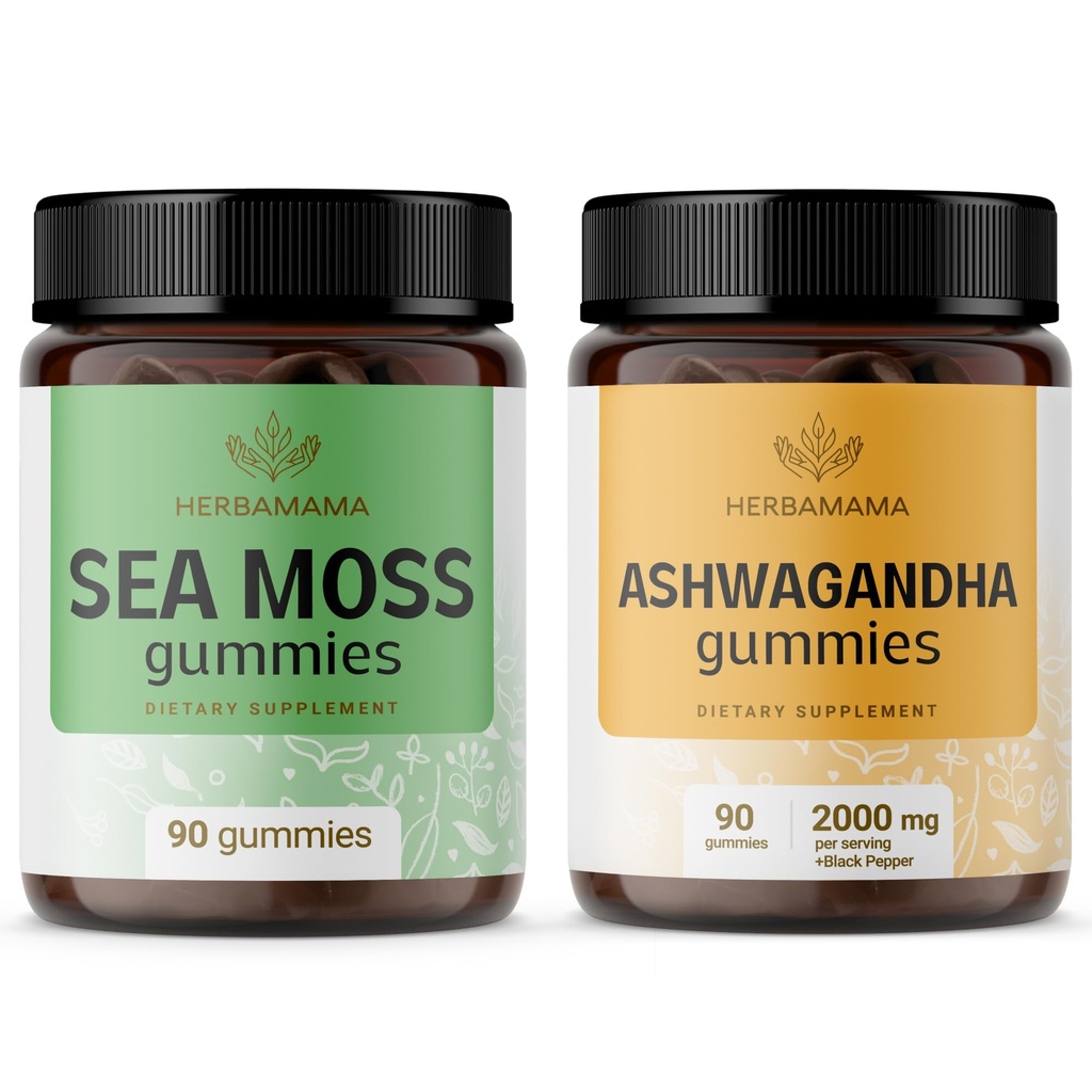 HERBAMAMA Sea Moss and Ashwagandha Kit - Bundle of 1600 mg Sea Moss with Bladerwrack & Ashwagandha Root Gummies - Vegan, Non- GMO, Gelatin- Free - 2 Pack