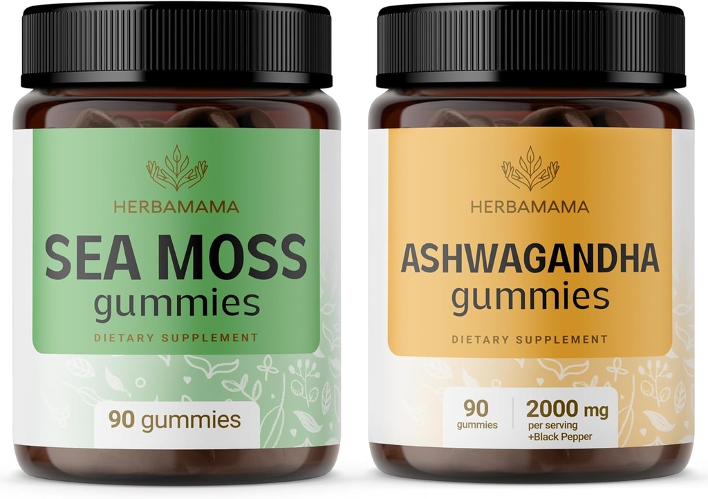 HERBAMAMA Sea Moss and Ashwagandha Kit - Bundle of 1600 mg Sea Moss with Bladerwrack & Ashwagandha Root Gummies - Vegan, Non- GMO, Gelatin- Free - 2 Pack