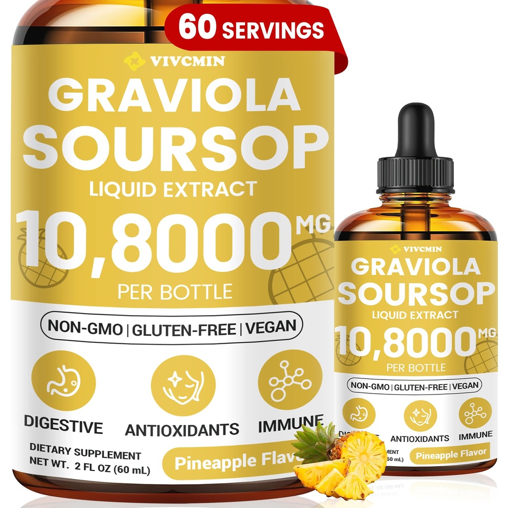 Graviola Soursop Leaf Extract Liquid - Soursop Bitters Liquid, Support Immunation, Slap af, lever og søvn, Sukker & Alkohol- Gratis, Højt Absorberbare Formel, Ananas Flavor, 2 Fl Oz